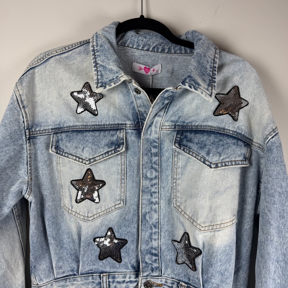 NWT Buddy Love RAELYNN DENIM Blue MINI DRESS Sequin Stars Rodeo Festival Large - Picture 3 of 14